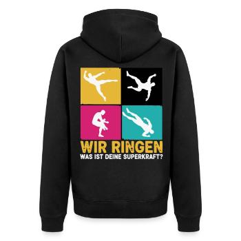Wir Ringen Superkraft Ringer - Unisex Premium Bio Zip Hoodie - Schwarz - Hinten - Nico (187cm)