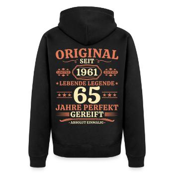 Original 1961 – Lebende Legende 65. Geburtstag - Unisex Premium Bio Zip Hoodie - Schwarz - Hinten - Nico (187cm)