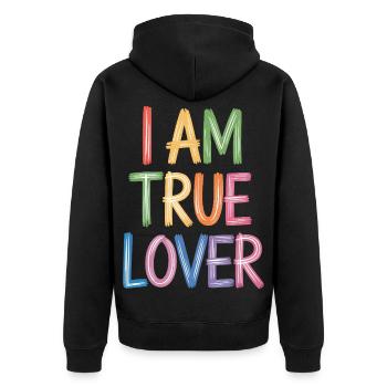 Je suis un vrai amoureux Écriture colorée Imprimé - Veste à capuche bio Premium Unisexe - noir - Dos - Nico (187cm)
