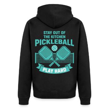 Pickleball: Bleib aus der Küche raus, spiel hart, lustig - Unisex Premium Bio Zip Hoodie - Schwarz - Hinten - Nico (187cm)