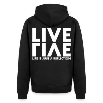 LIVE EVIL Wortspiel Minimalistisches Humor Design - Unisex Premium Bio Zip Hoodie - Schwarz - Hinten - Nico (187cm)