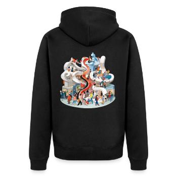 Bunte Mehrstöck-Rutsche voller Menschen - Unisex Premium Bio Zip Hoodie - Schwarz - Hinten - Nico (187cm)