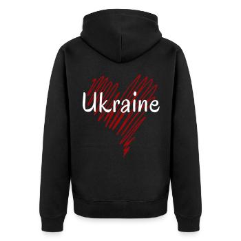 Ich liebe die Ukraine, Herz der Ukraine - Unisex Premium Bio Zip Hoodie - Schwarz - Hinten - Nico (187cm)
