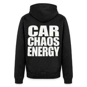 Car Chaos Energy Typografie - Unisex Premium Bio Zip Hoodie - Schwarz - Hinten - Nico (187cm)