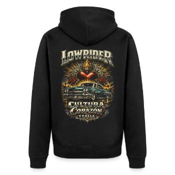 Lowrider Auto Cultura Corazon Y Calle - Unisex Premium Bio Zip Hoodie - Schwarz - Hinten - Nico (187cm)