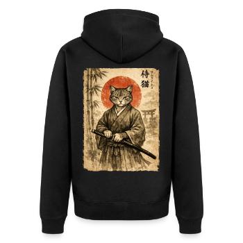 Samurai, Katze, Kater, Japanische Kunst, Anime - Unisex Premium Bio Zip Hoodie - Schwarz - Hinten - Nico (187cm)