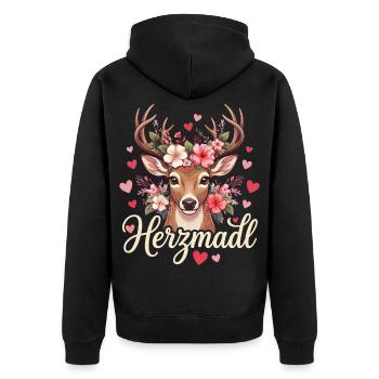 Trachtenshirt Damen Herzmadl T-Shirt Trachten - Unisex Premium Bio Zip Hoodie - Schwarz - Hinten - Nico (187cm)