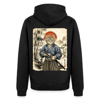 Samurai, Katze, Kater, Japanische Kunst, Anime - Unisex Premium Bio Zip Hoodie - Schwarz - Hinten - Nico (187cm)