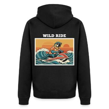 Retro Jet Ski Parrot "Wild Ride" - Unisex Premium Bio Zip Hoodie - Schwarz - Hinten - Nico (187cm)