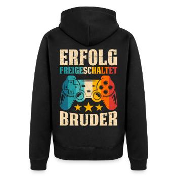 Familie Set ERFOLG FREIGESCHALTET BRUDER LUSTIG - Unisex Premium Bio Zip Hoodie - Schwarz - Hinten - Nico (187cm)