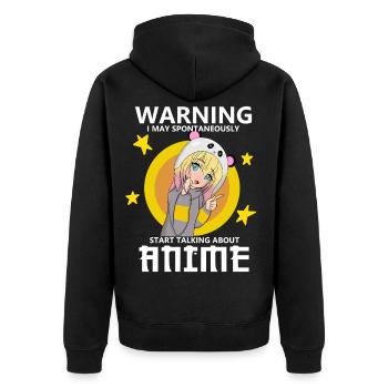 Warnung: Kann spontan anfangen, über Anim zu sprechen - Unisex Premium Bio Zip Hoodie - Schwarz - Hinten - Nico (187cm)