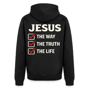 Verset biblique de Jésus, La voie de la vérité, la vie - Veste à capuche bio Premium Unisexe - noir - Dos - Nico (187cm)