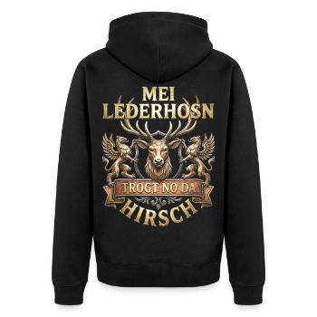 Trachtenshirt Herren Trachten T-Shirt Lederhose - Unisex Premium Bio Zip Hoodie - Schwarz - Hinten - Nico (187cm)