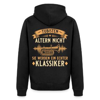 Tubisten altern nicht – Echter Klassiker Tuba - Unisex Premium Bio Zip Hoodie - Schwarz - Hinten - Nico (187cm)