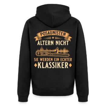 Posaunisten altern nicht – Echter Klassiker - Unisex Premium Bio Zip Hoodie - Schwarz - Hinten - Nico (187cm)