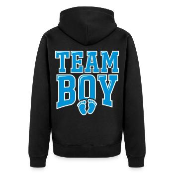 TEAM BOY Typografie mit Fußspuren - Unisex Premium Bio Zip Hoodie - Schwarz - Hinten - Nico (187cm)