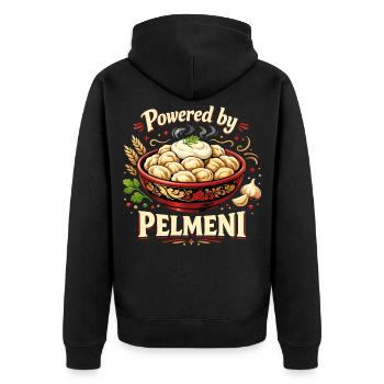 Powered by Pelmeni – Lustiges Russisches Design - Unisex Premium Bio Zip Hoodie - Schwarz - Hinten - Nico (187cm)