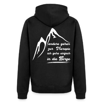 Ich gehe nicht zur Therapie ich gehe in die Berge - Unisex Premium Bio Zip Hoodie - Schwarz - Hinten - Nico (187cm)