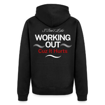 Ich mag es nicht, Sport zu machen, weil es weh tut - Unisex Premium Bio Zip Hoodie - Schwarz - Hinten - Nico (187cm)