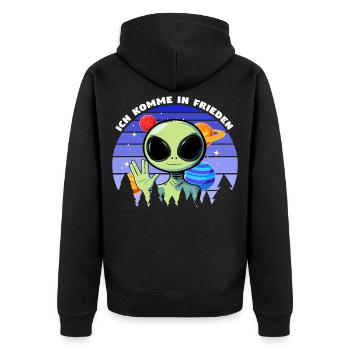ich komme in frieden - alien - Unisex Premium Bio Zip Hoodie - Schwarz - Hinten - Nico (187cm)