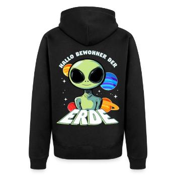 Hallo Bewohner der Erde Alien - Unisex Premium Bio Zip Hoodie - Schwarz - Hinten - Nico (187cm)