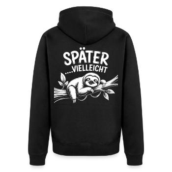 Lustiges Faultier - später vielleicht - Unisex Premium Bio Zip Hoodie - Schwarz - Hinten - Nico (187cm)
