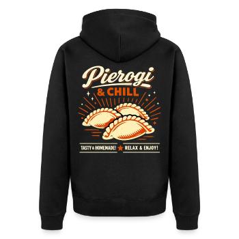 Pierogi & Chill: Retro Teigtaschen Vintage Design - Unisex Premium Bio Zip Hoodie - Schwarz - Hinten - Nico (187cm)