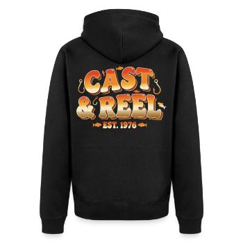 Cast Reel Est 1976 - Unisex Premium Bio Zip Hoodie - Schwarz - Hinten - Nico (187cm)