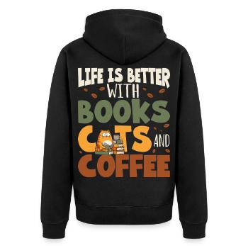Bücher Katzen Lesen - Unisex Premium Bio Zip Hoodie - Schwarz - Hinten - Nico (187cm)