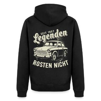 Trabi | Legenden Rosten Nicht | Oldtimer - Unisex Premium Bio Zip Hoodie - Schwarz - Hinten - Nico (187cm)