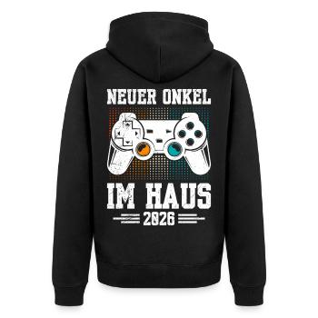 Familie Set NEW UNCLE ON THE BLOCK 2026 LUSTIG - Unisex Premium Bio Zip Hoodie - Schwarz - Hinten - Nico (187cm)