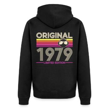 Originaler Vintage Rainbow von 1979 - Unisex Premium Bio Zip Hoodie - Schwarz - Hinten - Nico (187cm)