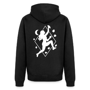 Femme boulderiste bohème : silhouette géométrique d’escalade - Veste à capuche bio Premium Unisexe - noir - Dos - Nico (187cm)