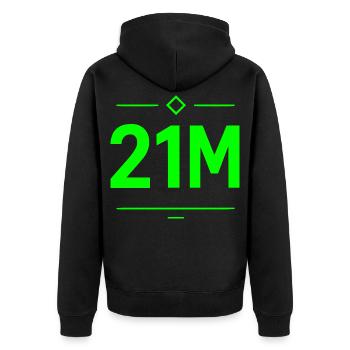 21M Bitcoin Schriftzug Neon Grün Motiv Limit - Unisex Premium Bio Zip Hoodie - Schwarz - Hinten - Nico (187cm)