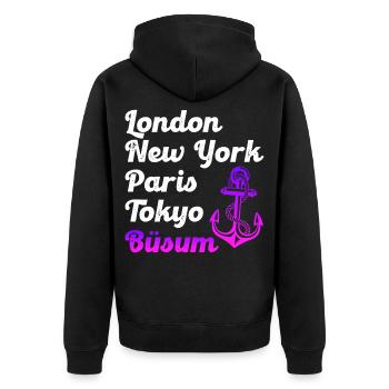 Büsumer LONDON NEW YORK PARIS TOKYO BÜSUM - Unisex Premium Bio Zip Hoodie - Schwarz - Hinten - Nico (187cm)