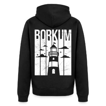 Borkumer Insel BORKUM Nordsee Urlaub Lustig - Unisex Premium Bio Zip Hoodie - Schwarz - Hinten - Nico (187cm)
