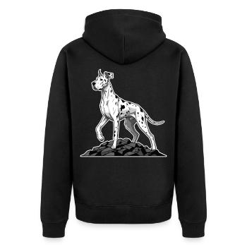 Deutsche Dogge Harlekin-Hund auf dem Riesenfelsen - Unisex Premium Bio Zip Hoodie - Schwarz - Hinten - Nico (187cm)