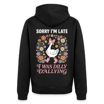 Lustige Gans mit Blumen und Schleife - Unisex Premium Bio Zip Hoodie - Schwarz - Hinten - Nico (187cm)