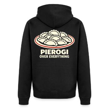 Pierogi über alles, was mit Essen und Humor zu tun hat, - Unisex Premium Bio Zip Hoodie - Schwarz - Hinten - Nico (187cm)