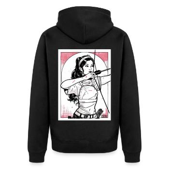 Karmesinroter Bogenschütze in Tinte - Unisex Premium Bio Zip Hoodie - Schwarz - Hinten - Nico (187cm)