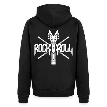 Rock 'N' Roll Guitar and Drumsticks Logo - Unisex Premium Organic Zip Hoodie - black - Back - Nico (187cm)