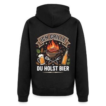 Grillmeister Spruch – Ich grille, du holst Bier - Unisex Premium Bio Zip Hoodie - Schwarz - Hinten - Nico (187cm)
