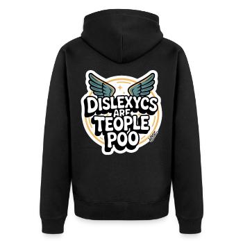 Dislexycs sind auch Menschen mit Aufklebern - Unisex Premium Bio Zip Hoodie - Schwarz - Hinten - Nico (187cm)