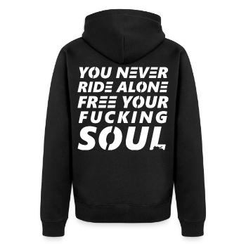 Freedom of the soul – you are not alone - Unisex Premium Organic Zip Hoodie - black - Back - Nico (187cm)