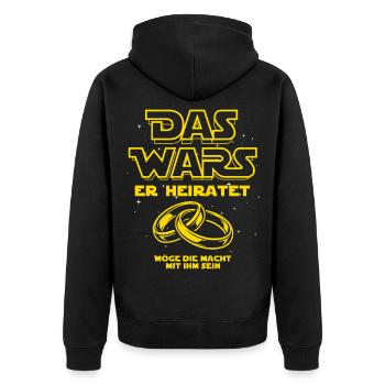 JGA Das Wars. Er heiratet - Eheringe - Unisex Premium Bio Zip Hoodie - Schwarz - Hinten - Nico (187cm)