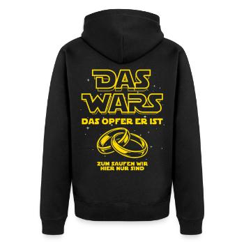 JGA Das Wars. Das Opfer er ist - Bier saufen - Unisex Premium Bio Zip Hoodie - Schwarz - Hinten - Nico (187cm)