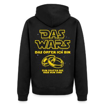 JGA Das Wars. Das Opfer ich bin - Heiraten - Unisex Premium Bio Zip Hoodie - Schwarz - Hinten - Nico (187cm)