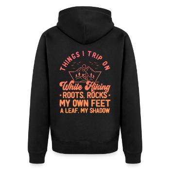 Trail Tales: Wurzeln und Schatten - Unisex Premium Bio Zip Hoodie - Schwarz - Hinten - Nico (187cm)
