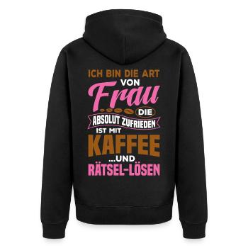 Zufrieden mir Kaffee und Rätsel lösen / Spruch - Unisex Premium Bio Zip Hoodie - Schwarz - Hinten - Nico (187cm)