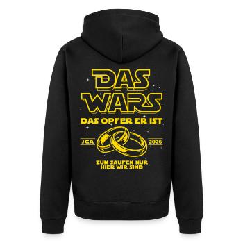 JGA 2026 Das Wars. Das Opfer er ist - Bier saufen - Unisex Premium Bio Zip Hoodie - Schwarz - Hinten - Nico (187cm)